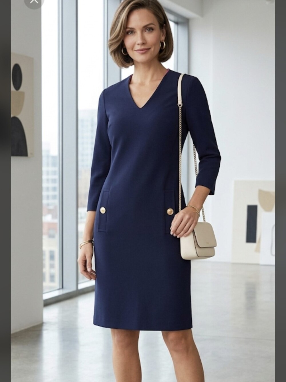 Eliza J V Neck Midi Dress with Faux Front Pockets Zip Back Navy Size 2